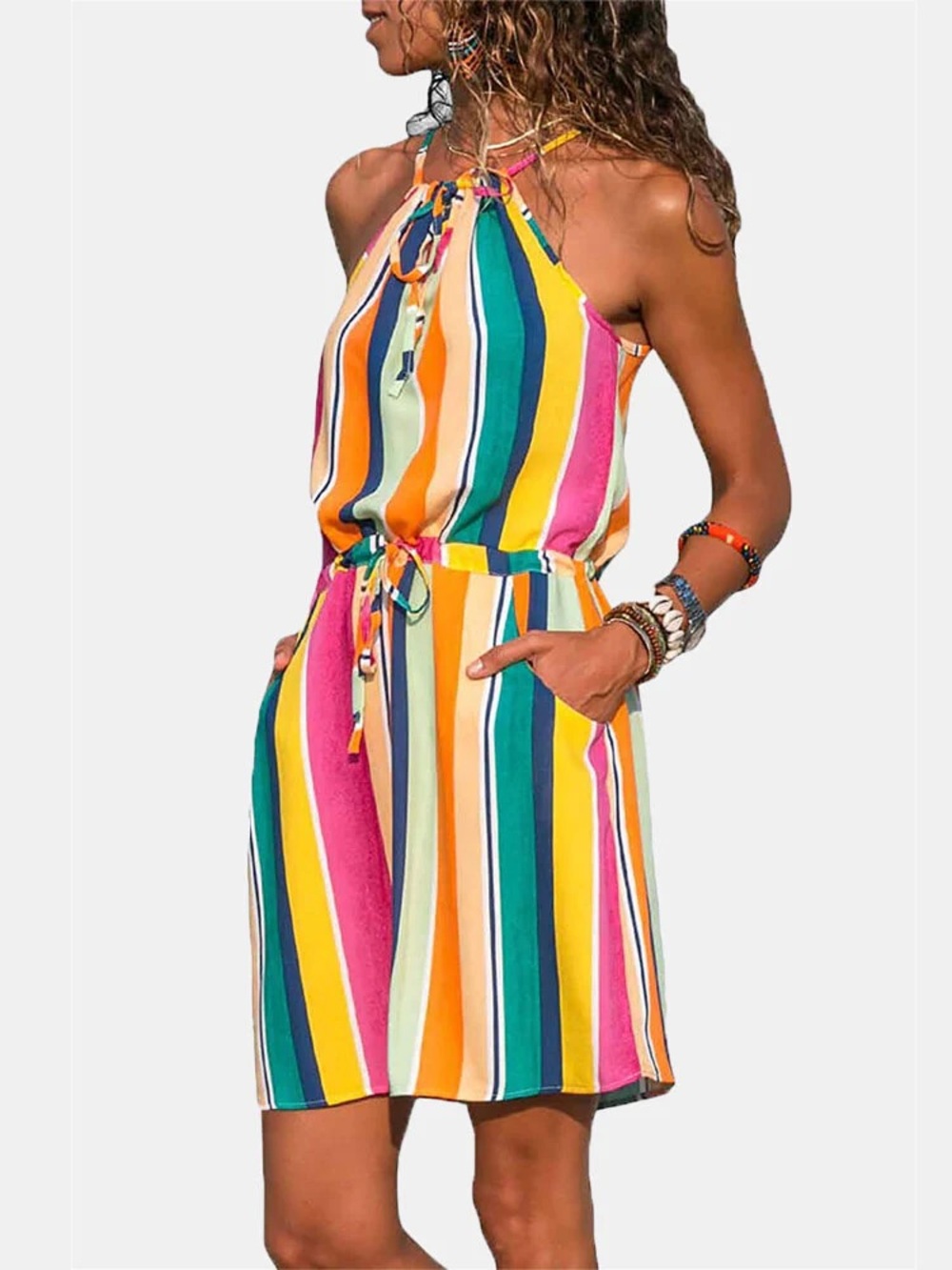 Colorful Striped Halter Summer Dress
